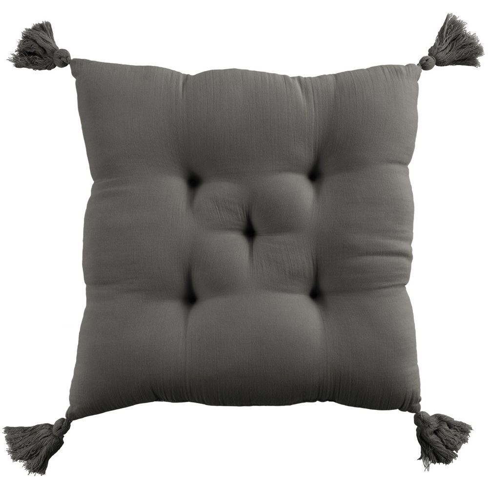 Coussin de chaise Gaze de coton avec pompons Granit 40 x 40 cm