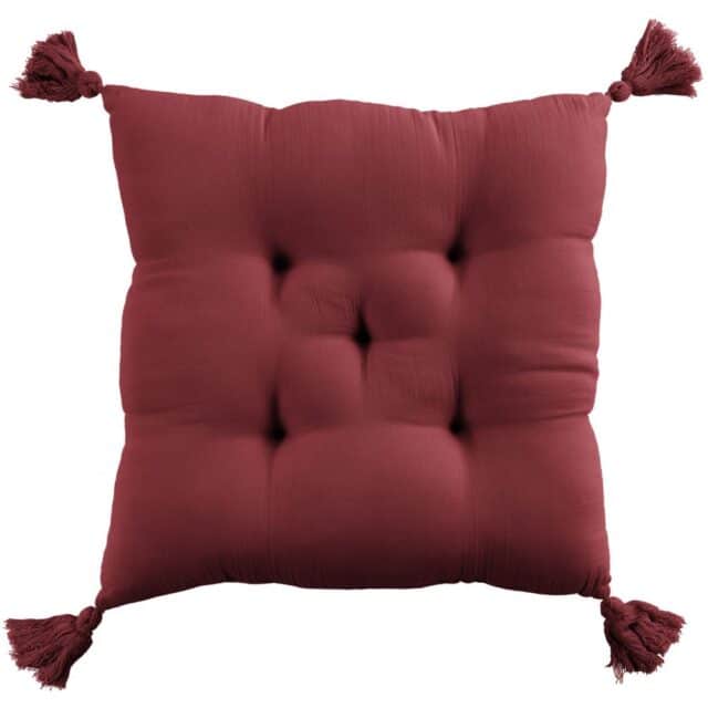 Coussin de chaise Gaze de coton avec pompons Lie de vin 40 x 40 cm