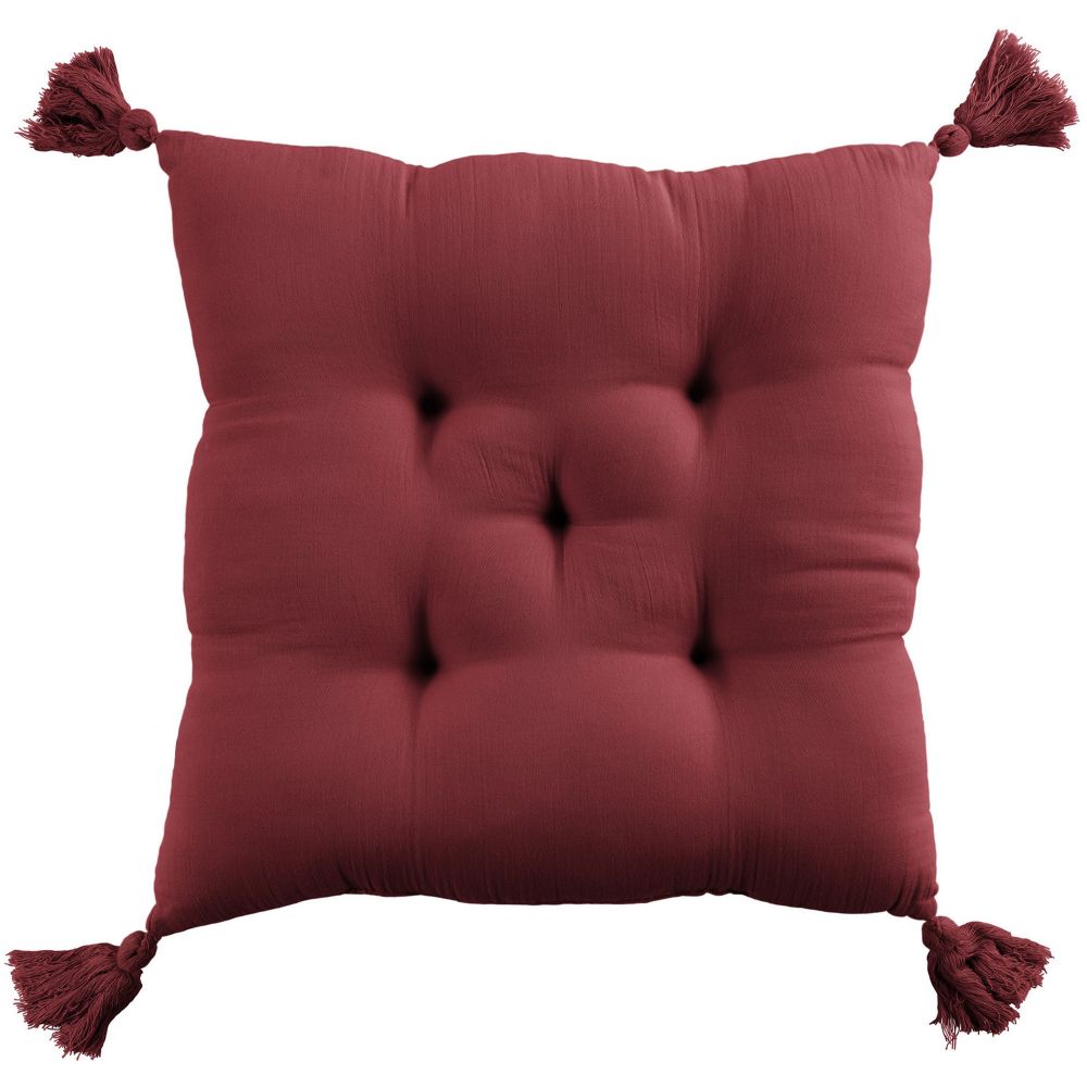 Coussin de chaise Gaze de coton avec pompons Lie de vin 40 x 40 cm