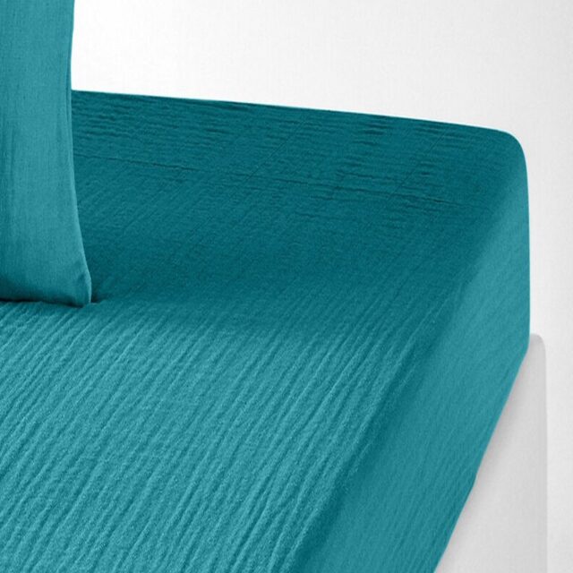 Drap housse Gaze de Coton Bleu Enamel 140 x 190 cm