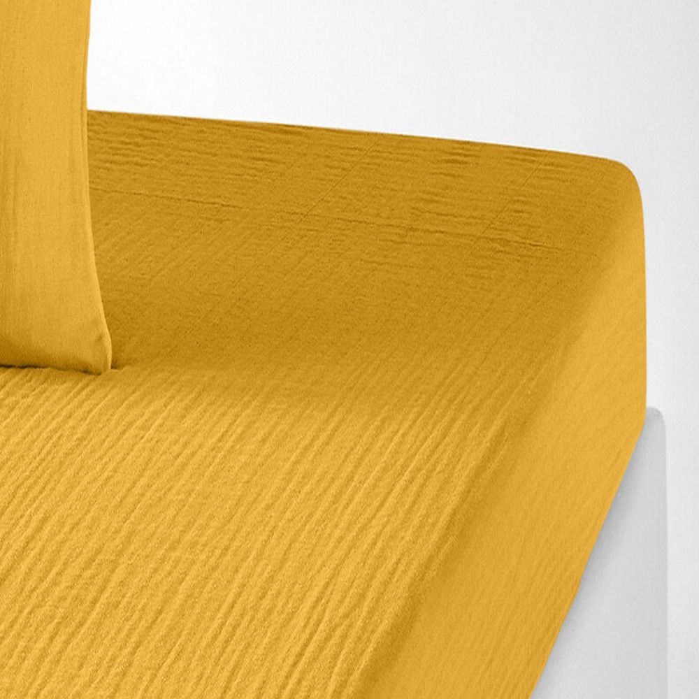 Drap housse Gaze de Coton Safran Jaune 140 x 190 cm