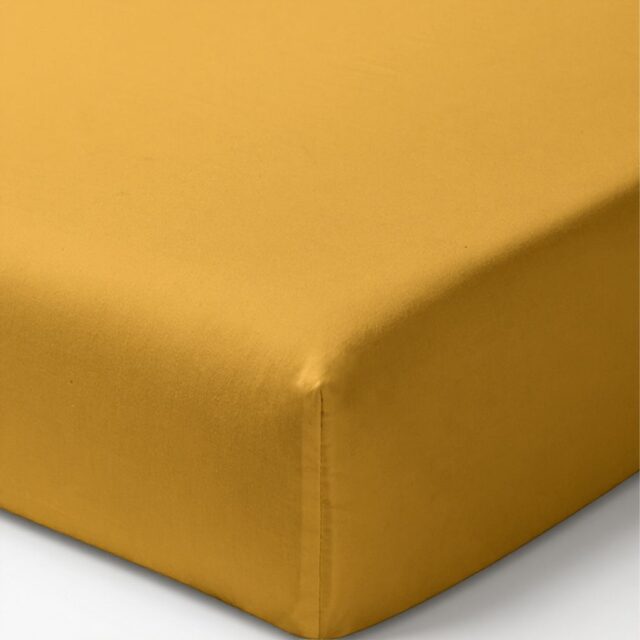 Drap housse Percale de Coton Lavé Jaune Moutarde 140 x 190 cm