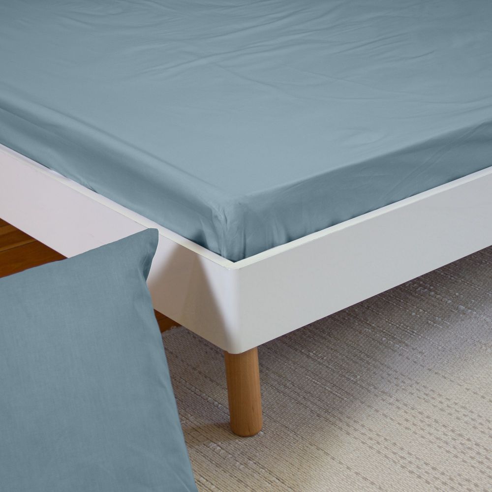 Drap Housse Percale de Coton Bleu Fumé 140 x 190 cm