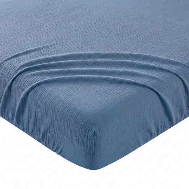Drap Housse Gaze de Coton - Coton 57 fils Bleu Mer 140 x 190 cm