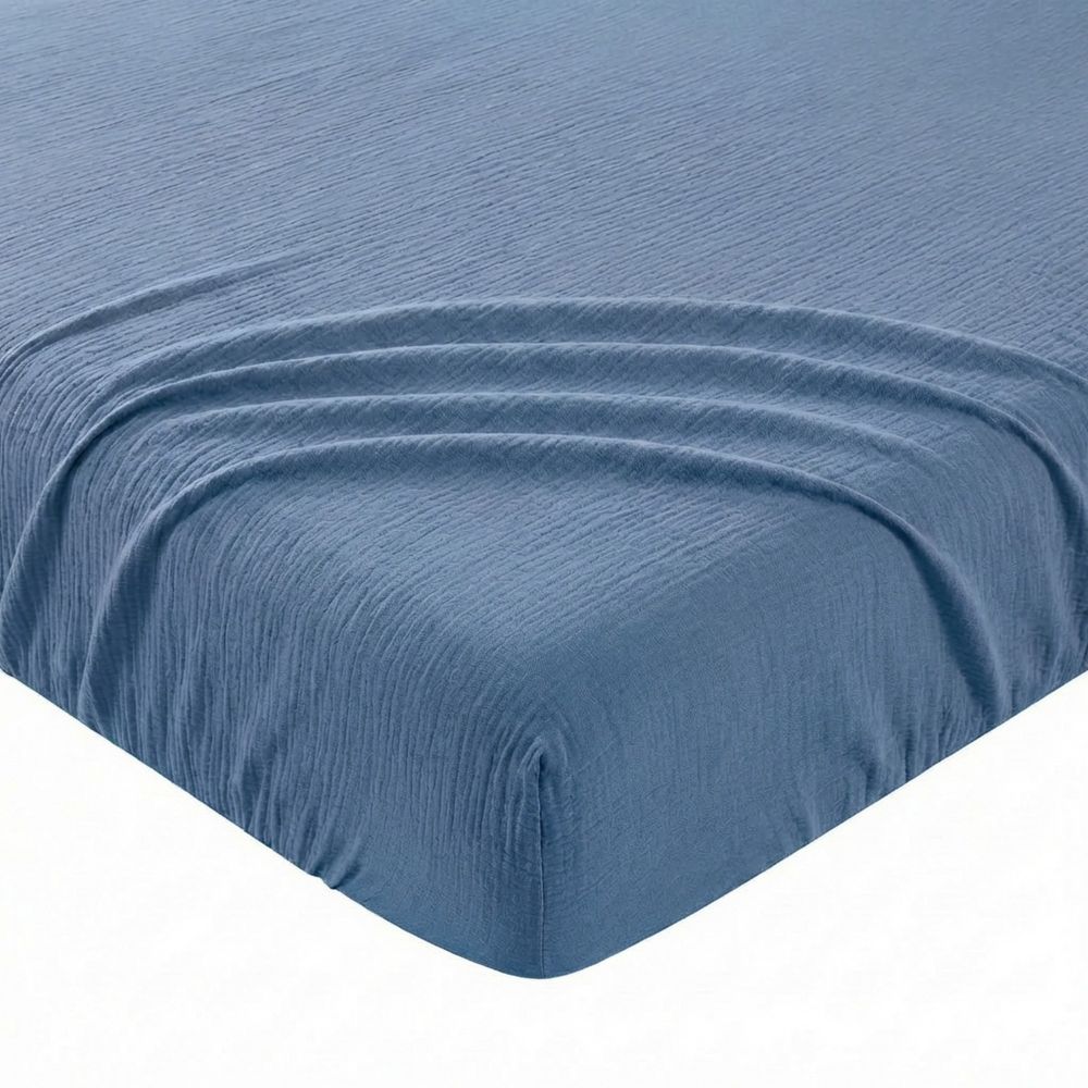 Drap Housse Gaze de Coton - Coton 57 fils Bleu Mer 140 x 190 cm