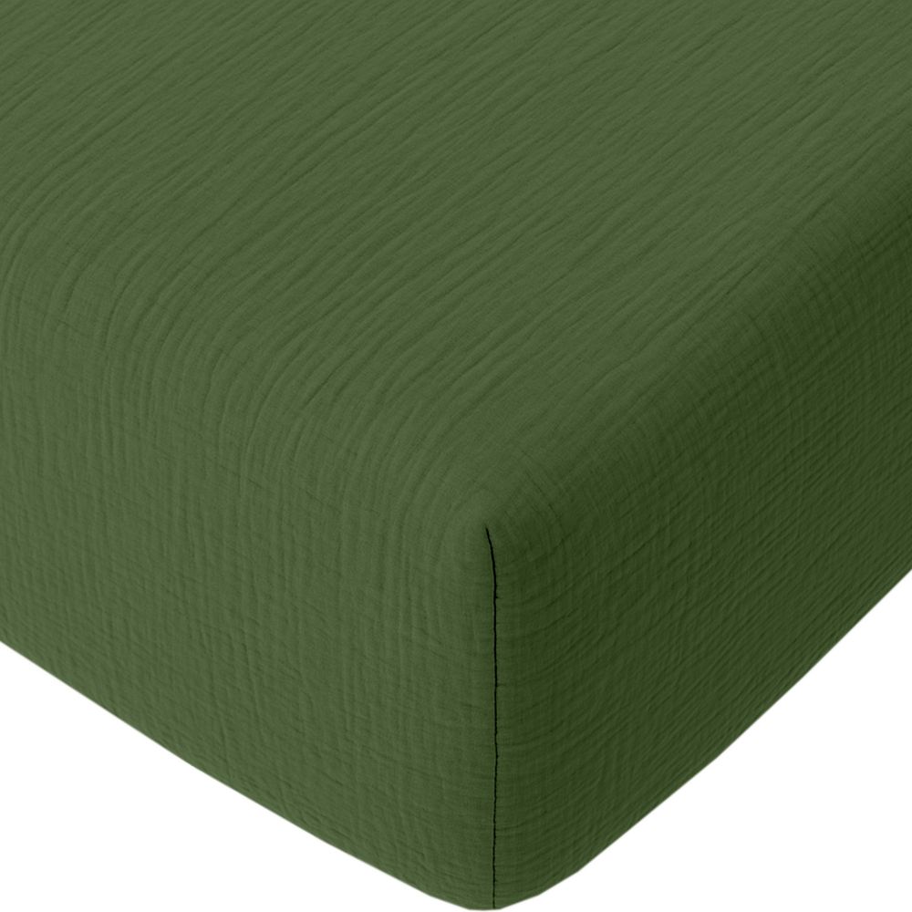 Drap housse Gaze de Coton Lavé Vert Cèdre 160 x 200 cm