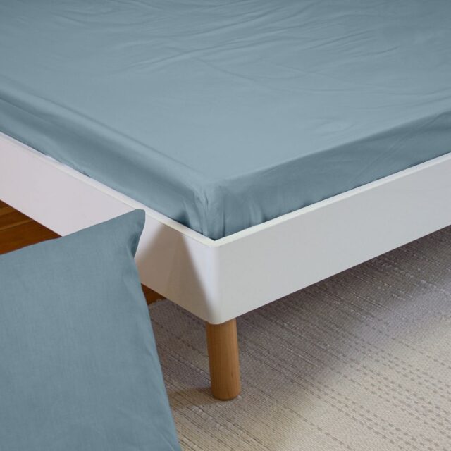 Drap Housse Percale de Coton Bleu Fumé 160 x 200 cm