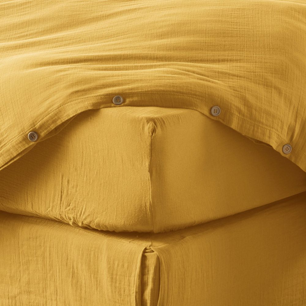 Drap housse Gaze de Coton Safran Jaune 200 x 200 cm