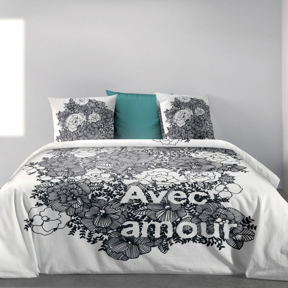 Housse de couette + 2 taies d'oreiller 100% Coton Bio 47 fils Avec Amour Blanc 220 x 240 cm