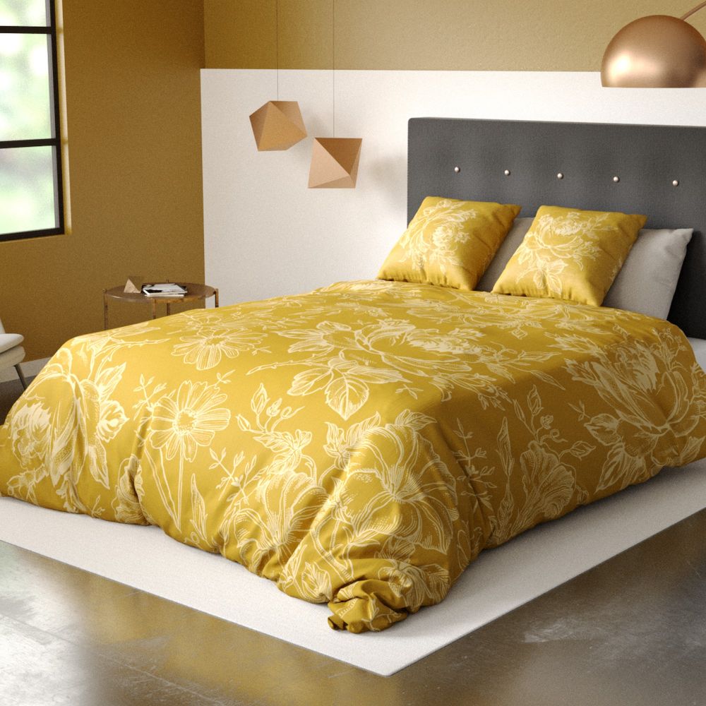 Housse de couette avec 2 taies d'oreiller Parure de lit Coton Bio Victoria Ocre Motifs 220 x 240 cm