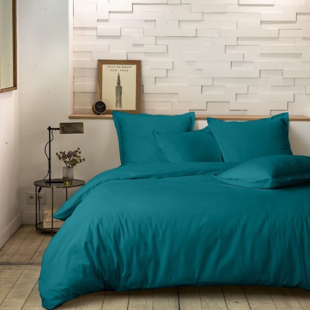 Housse de couette Percale de Coton Bleu Canard 220 x 240 cm