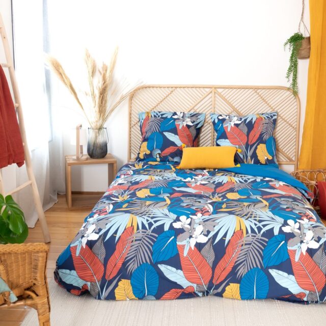 Housse de couette taies d'oreiller Satin de Coton Parade Bleu 240 x 260 cm