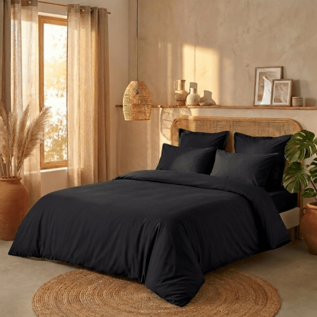 Housse de couette + 2 taies 100% Percale de Coton 80 fils Noir 240 x 260 cm