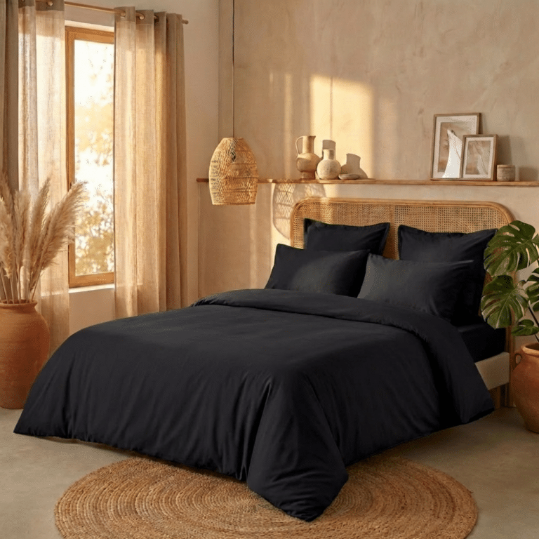 Housse de couette + 2 taies 100% Percale de Coton 80 fils Noir 240 x 260 cm