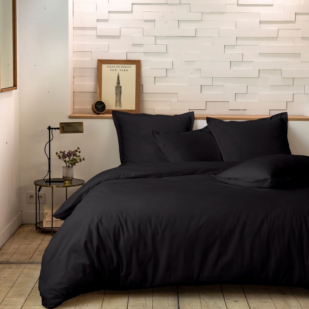 Housse de couette + 2 taies 100% Percale de Coton 80 fils Noir 240 x 260 cm — vue 2