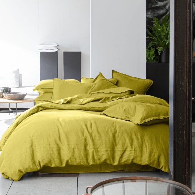 Housse de couette + 2 taies d'oreiller en lin Français lavé Poire Vert 240 x 260 cm
