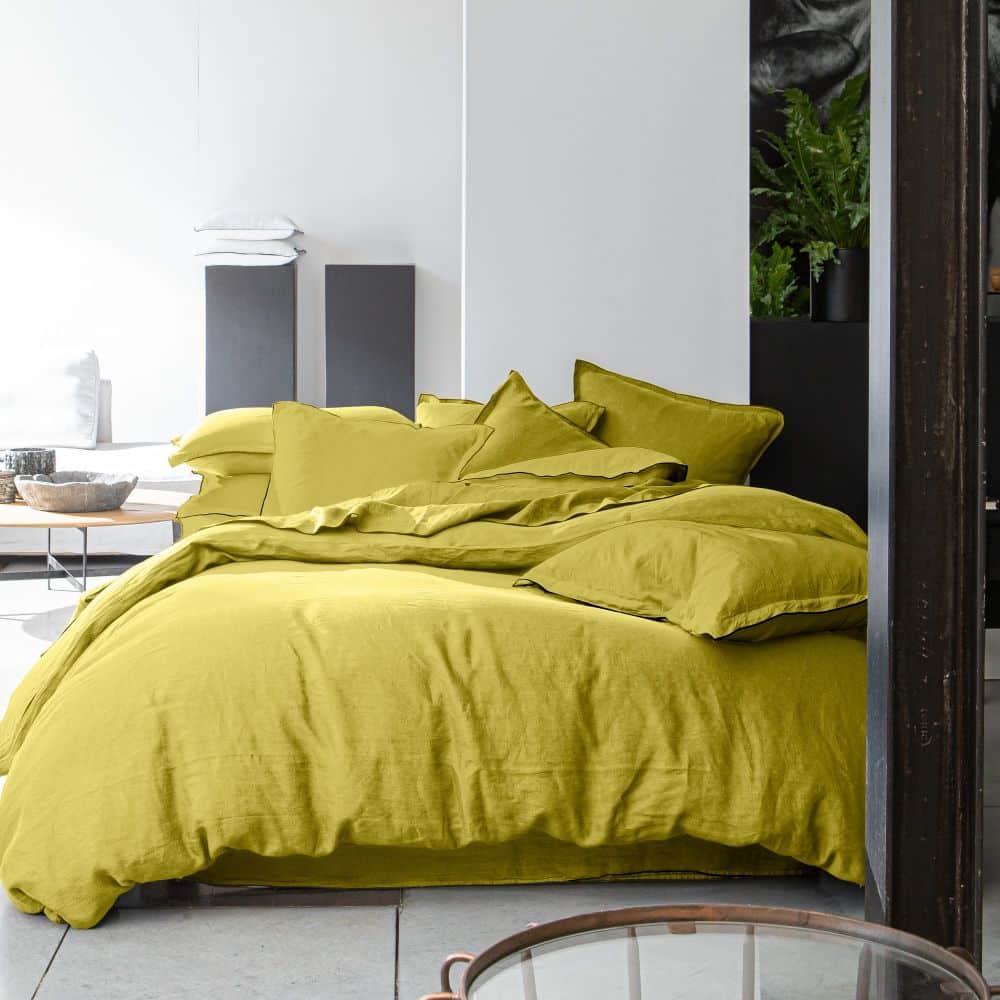 Housse de couette + 2 taies d'oreiller en lin Français lavé Poire Vert 240 x 260 cm