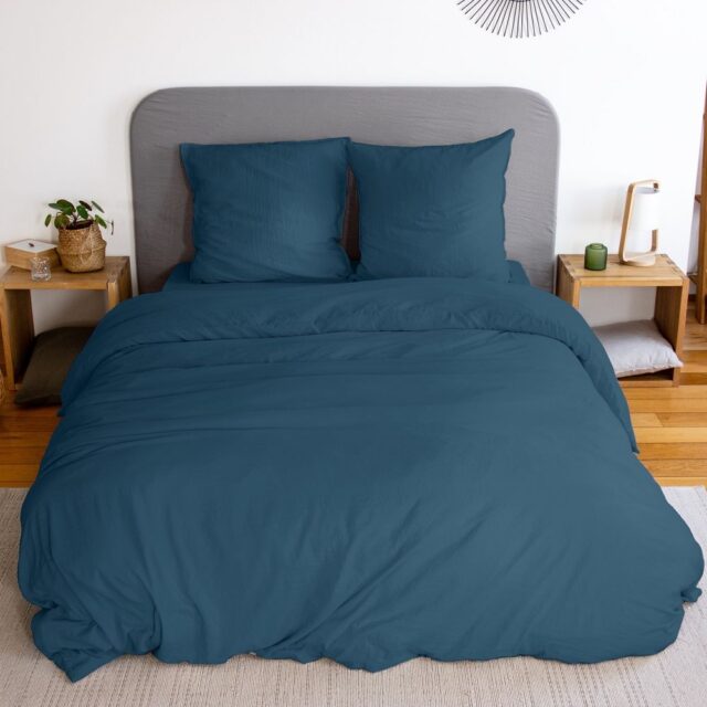 Housse de couette + taies d'oreiller, microfibre lavé, Bleu Nuit 240 x 260 cm
