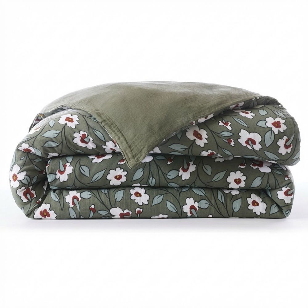 Housse de couette Reversible Gaze de Coton Azalée Romarin 220 x 240 cm