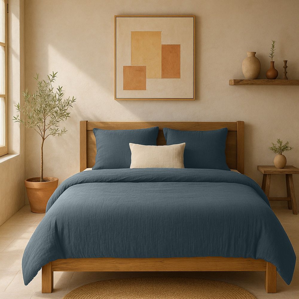 Lot 2 taies d'oreiller Gaze de Coton Lavé Bleu Pétrole 65 x 65 cm — vue 2