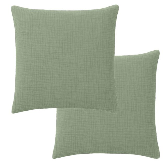 Lot 2 taies d'oreiller Gaze de Coton Lavé Vert Givrée 65 x 65 cm