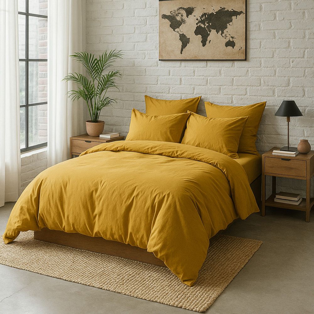 Lot 2 taies d'oreiller Percale de Coton Lavé Jaune Moutarde 65 x 65 cm — vue 2