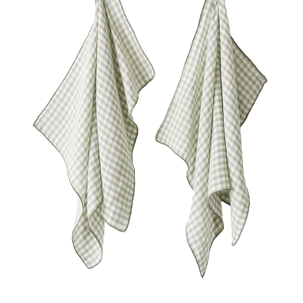 Lot de 2 essuie-mains Gaze de Coton Quadri Eucalyptus Bleu Clair 50 x 70 cm