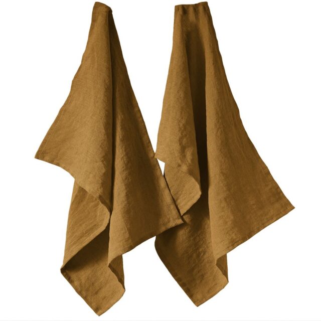 Lot de 2 essuie-vaisselle Lin Français Caramel Marron 50 x 70 cm