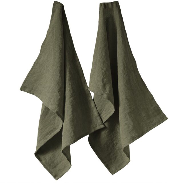 Lot de 2 essuie-vaisselle Lin Français Thym Kaki 50 x 70 cm