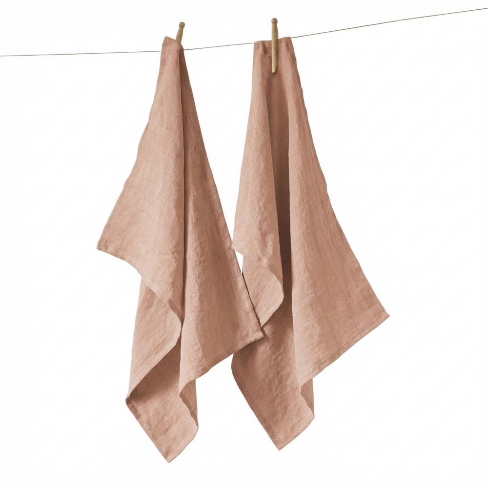 Lot de 2 essuie-vaisselle Lin Rosalie Vieux Rose 50 x 70 cm
