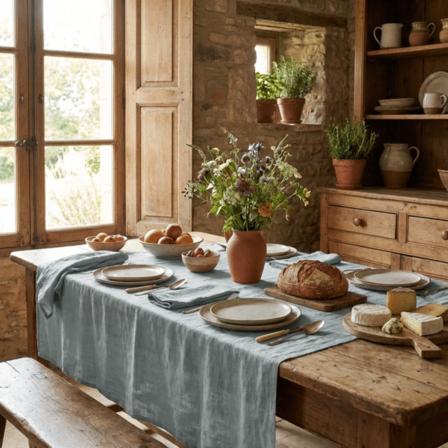 Nappe rectangle Lin Rosalie Azur 170 x 350 cm