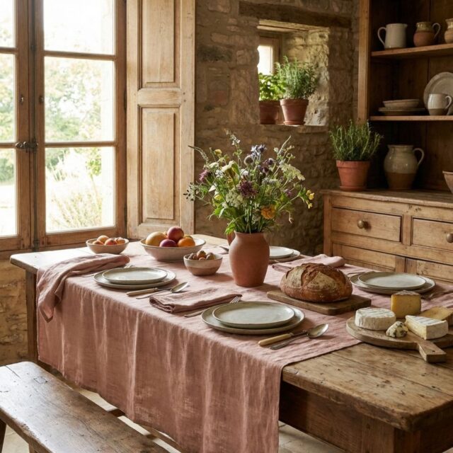 Nappe rectangle Lin Rosalie Vieux Rose 170 x 350 cm