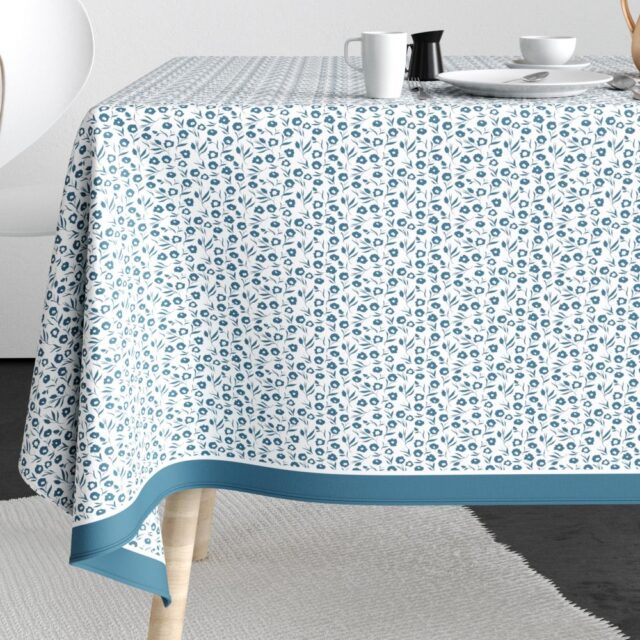 Nappe rectangulaire anti tache Coton Fleurs Des Champs Bleu 140 x 200 cm