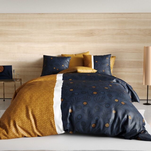 Parure de drap 3 pièces avec Drap housse Coton Bel Or Jaune 180 x 290 cm