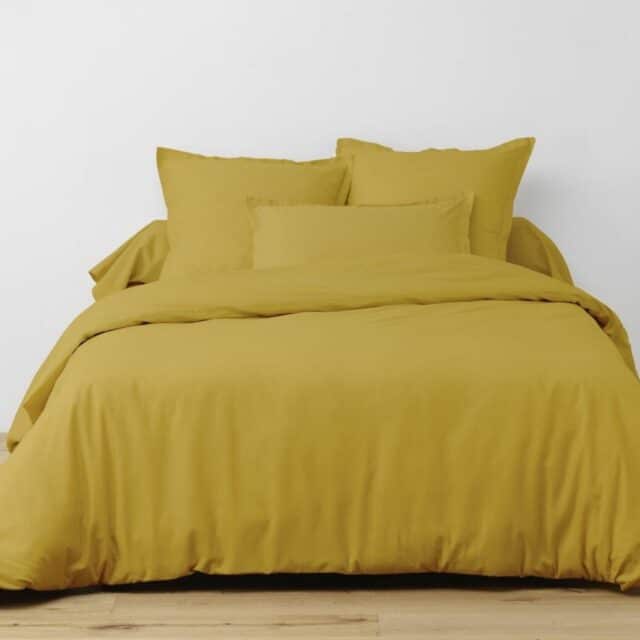Parure de drap 3 pièces avec Drap housse Coton Safran Jaune 180 x 290 cm
