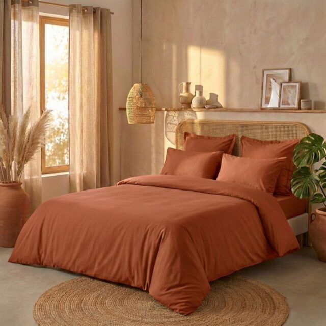 Parure de lit Percale de Coton Terracotta 140 x 200 cm