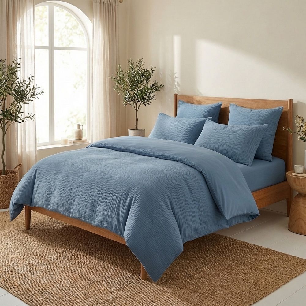 Parure de lit Gaze de Coton - Coton 57 fils Bleu Mer 220 x 240 cm
