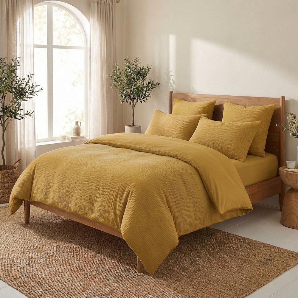 Parure de lit Gaze de Coton - Coton 57 fils Ocre 220 x 240 cm