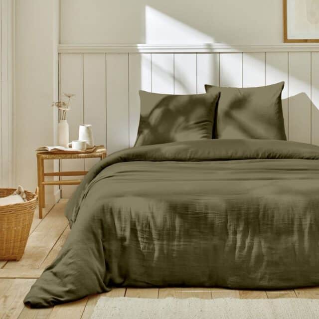 Parure de lit Gaze de Coton Kaki Vert