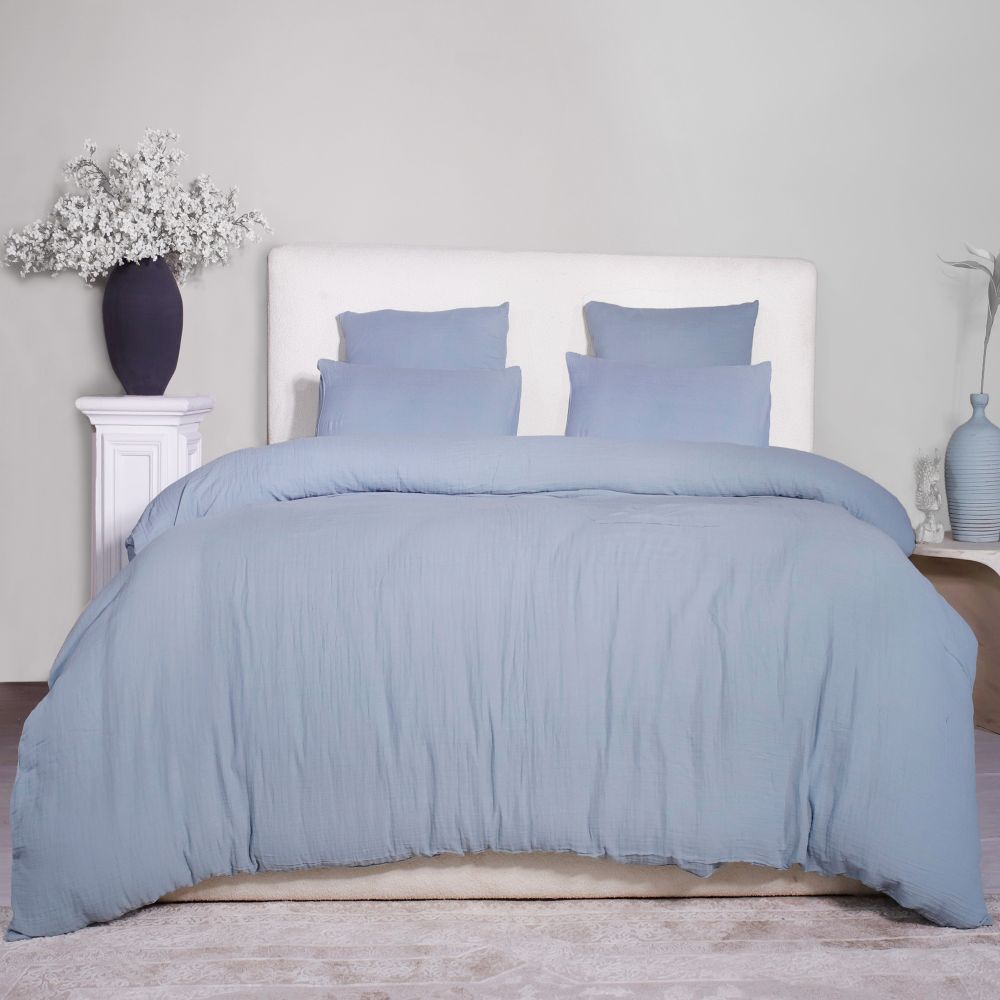 Parure de lit Gaze de Coton Lavé Bleu Givrée 220 x 240 cm