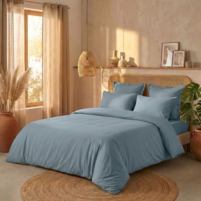 Parure de lit Percale de Coton Bleu Azur 220 x 240 cm