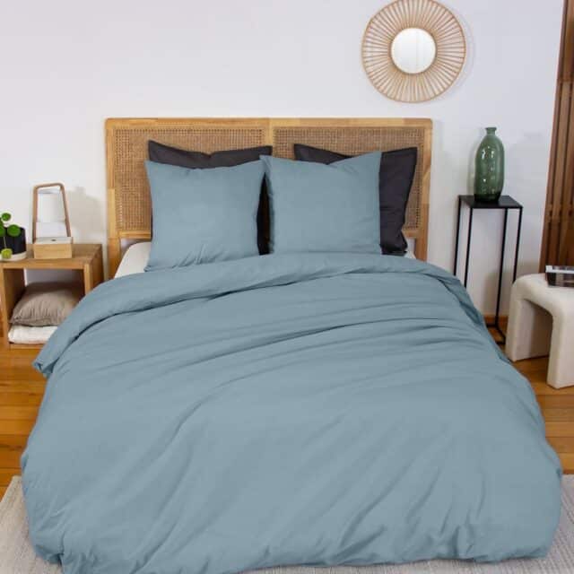 Parure de lit Percale de Coton Bleu Fumé 220 x 240 cm