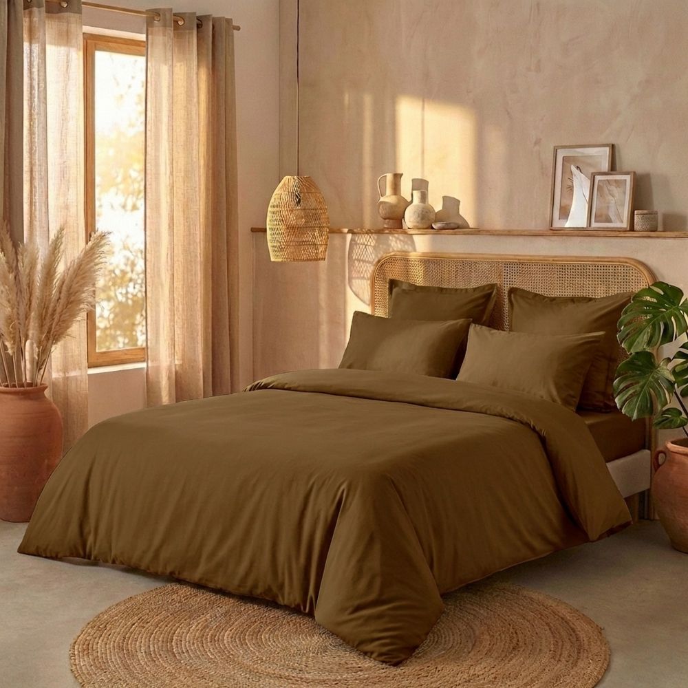 Parure de lit Percale de Coton Ocre 220 x 240 cm