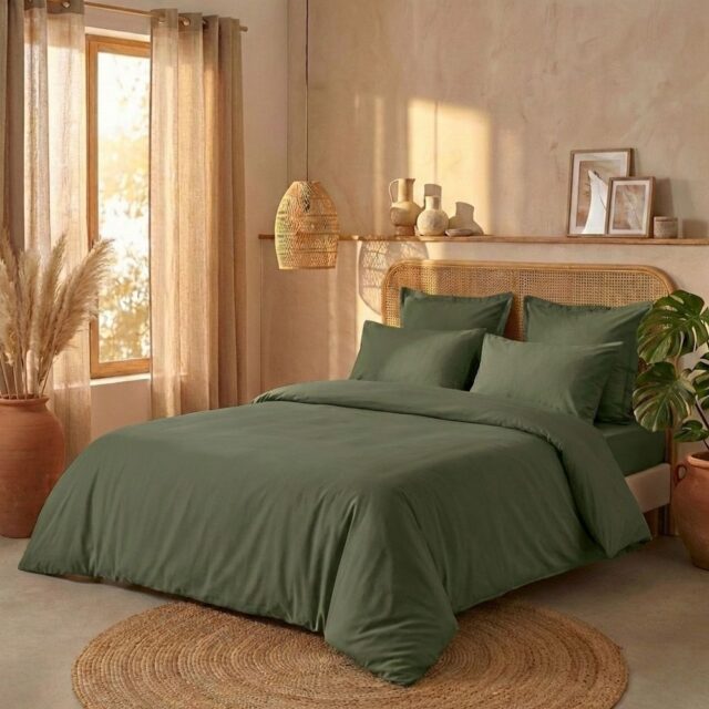 Parure de lit Percale de Coton Vert Kaki 220 x 240 cm