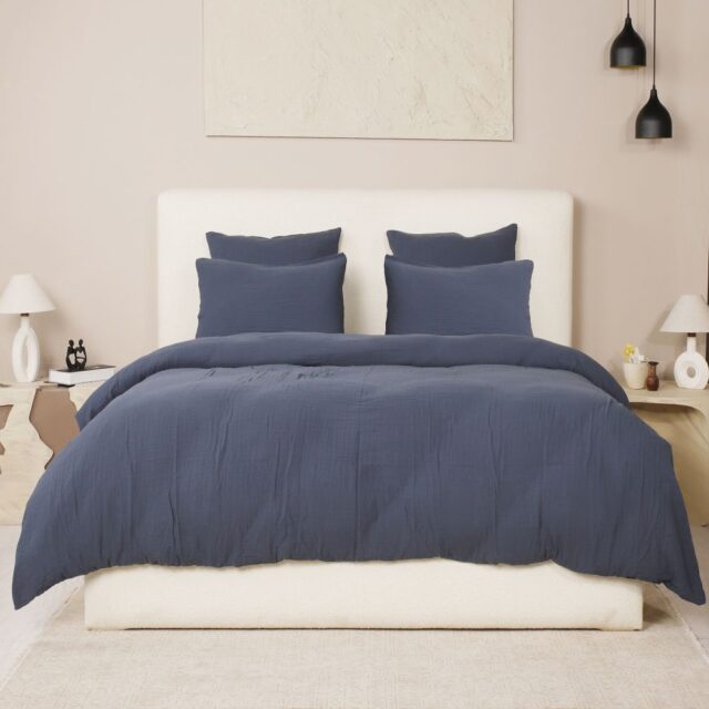 Parure de lit Gaze de Coton Lavé Bleu Pétrole 240 x 260 cm