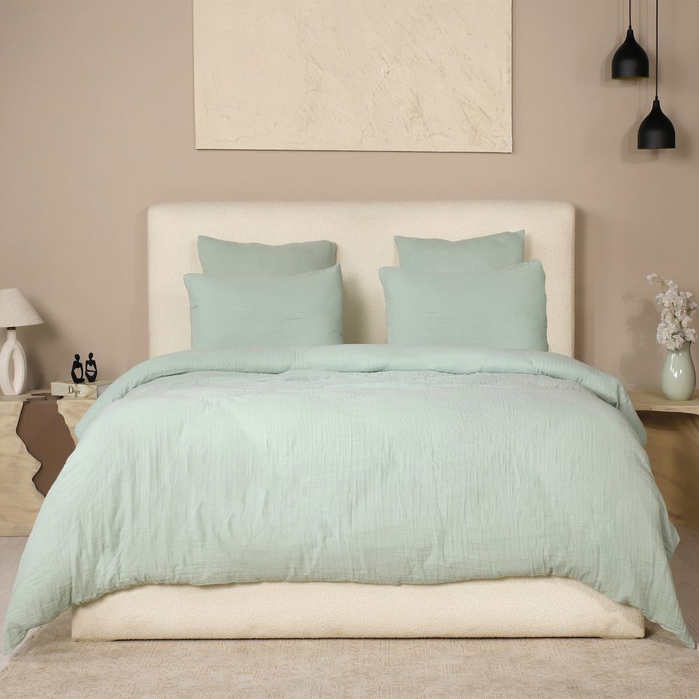 Parure de lit Gaze de Coton Lavé Vert Givrée 240 x 260 cm