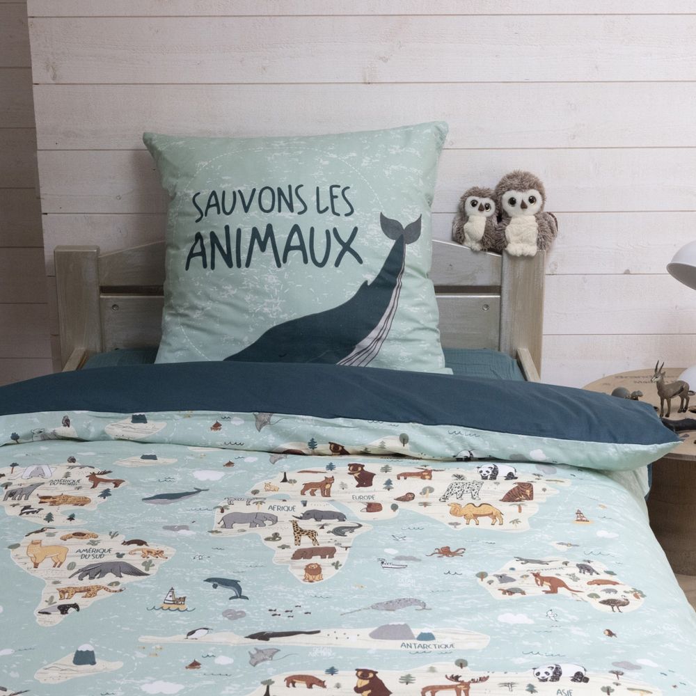 Parure de lit enfant Coton Map Bleu 140 x 200 cm