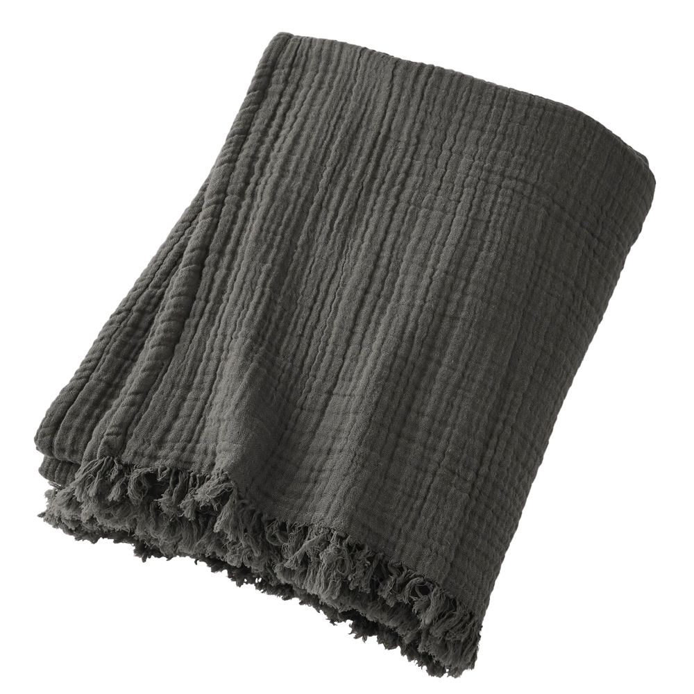Plaid à franges Gaze de coton Granit 130 x 160 cm