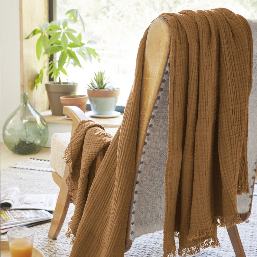 Plaid à franges Gaze de coton Camel 180 x 220 cm — vue 2