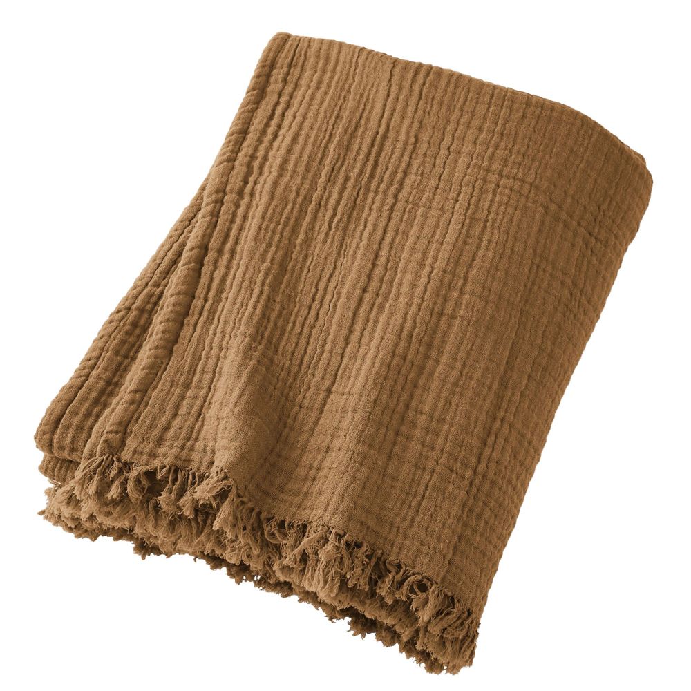 Plaid à franges Gaze de coton Camel 180 x 220 cm